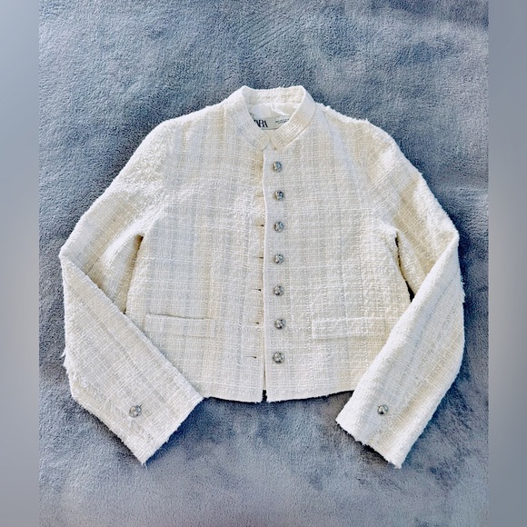 Zara Womens White Metallic Tweed High Neck Button Up Blazer Jacket Size S - Picture 1 of 3
